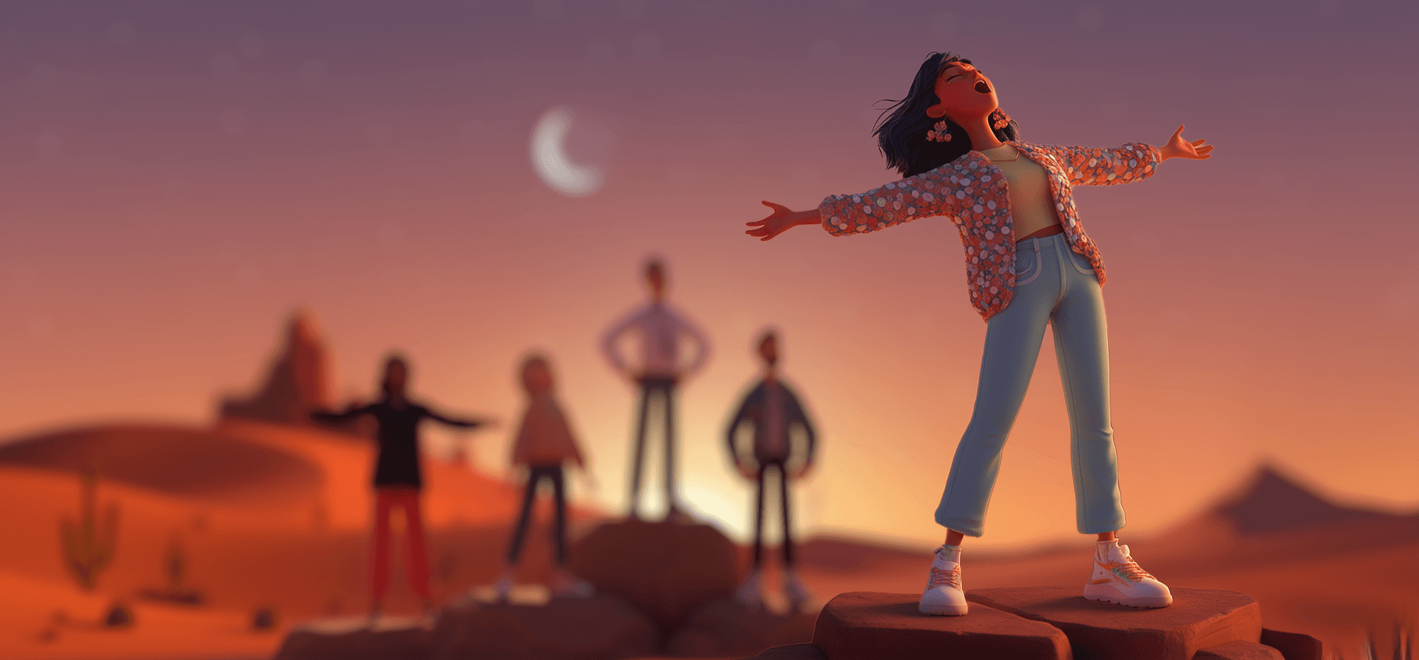 An illustrated group of people looking towards new possibilities in a sunlit landscape